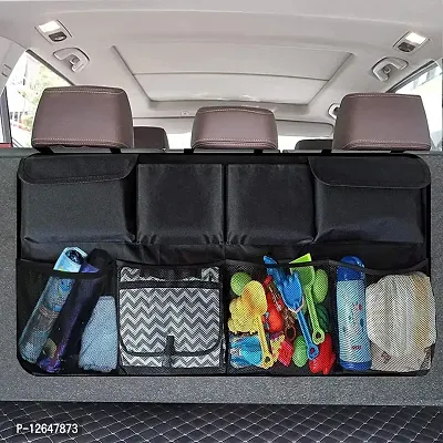 EYUVAA LABEL Tetron Polyster Car Trunk Organizer, Backseat Hanging Car Dikki Organizer with 8 Close Pockets, 4 Net Pockets, Super Capacity Organizer for Daily Car Necessities for all SUVs, Van, Hatchback Cars (Black)-thumb0