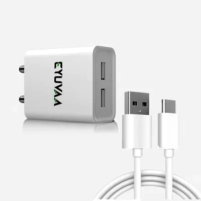 EYUVAA LABEL Dual Port 12W Power Charger Adapter with 1M Type C Fast Charging Cable Wall Charger and Data Transfer USB Cable Compatible with Android Smartphone and Other Compatible Device (White)