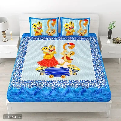 Classic Cotton Dhol Design Cartoon Printed Double Bedheet With 2 Pillow Cove(90 X 100, Blue)