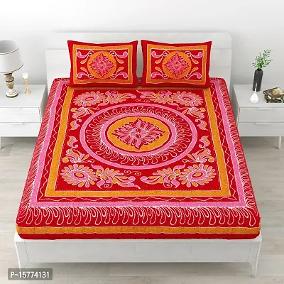 Classic Cotton Traditional Design Rangoli Printed Double Bedheet With 2 Pillow Cove(90 X 100, Red)-thumb0