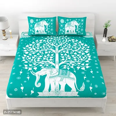 Classic Cotton Animal Design Elephant Printed Double Bedheet With 2 Pillow Cove(90 X 100, Blue)