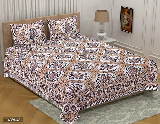 Cotton Fabric Rangoli Design Floral Print King Size Bedsheet With Two Pillow Cover Brown 90 Into 108