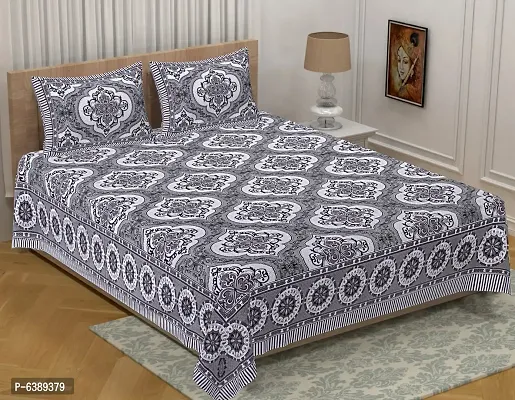 Cotton Fabric Rangoli Design Floral Print King Size Bedsheet With Two Pillow Cover(Grey 90 into 108)