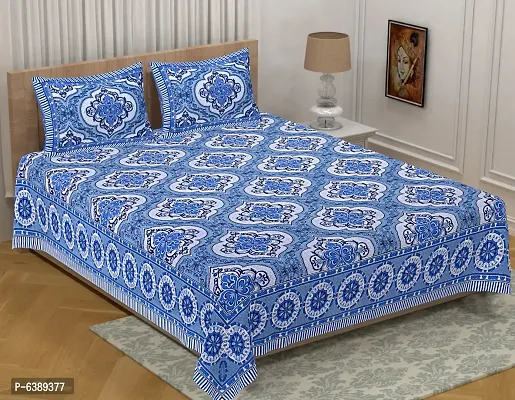Cotton Fabric Rangoli Design Floral Print King Size Bedsheet With Two Pillow Cover Blue 90 Into 108