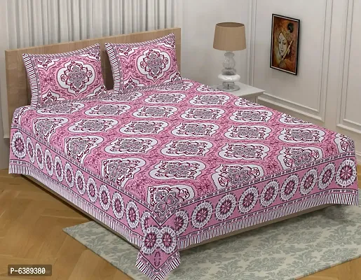Cotton Fabric Rangoli Design Floral Print King Size Bedsheet With Two Pillow Cover Pink 90 Into 108