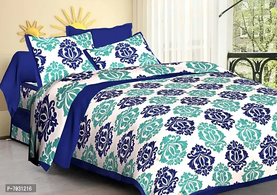Stunning Blue Cotton Floral Double Bedsheet With Pillow Covers-thumb0