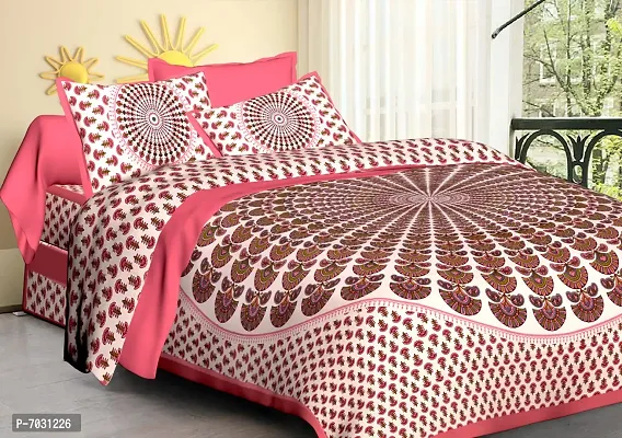 Stunning Pink Cotton Floral Double Bedsheet With Pillow Covers-thumb0
