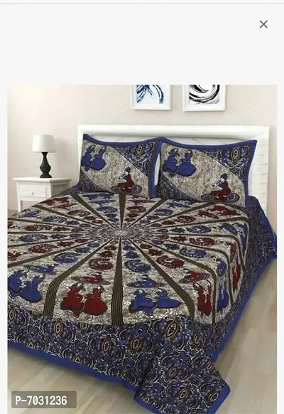 Stunning Blue Cotton Printed Double Bedsheet With Pillow Covers