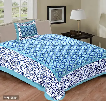 Stunning Blue Cotton Printed Single Bedsheet With Pillow Cover