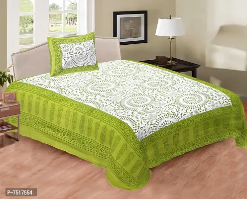 Stunning Green Cotton Printed Single Bedsheet With Pillow Cover