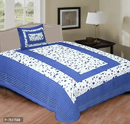 Stunning Blue Cotton Floral Print Single Bedsheet With Pillow Cover-thumb0