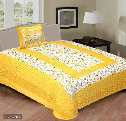 Stunning Yellow Cotton Floral Print Single Bedsheet With Pillow Cover