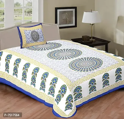 Stunning Blue Cotton Floral Print Single Bedsheet With Pillow Cover