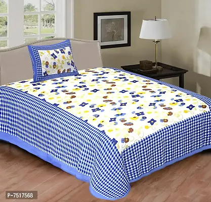 Stunning Blue Cotton Floral Print Single Bedsheet With Pillow Cover