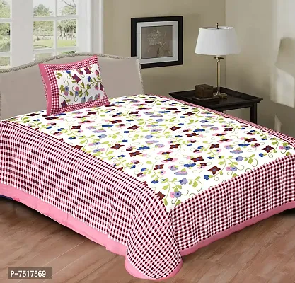 Stunning Pink Cotton Floral Print Single Bedsheet With Pillow Cover-thumb0