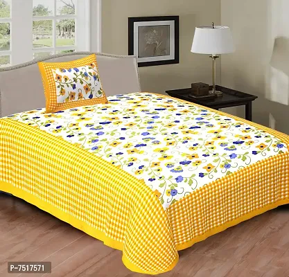 Stunning Yellow Cotton Floral Print Single Bedsheet With Pillow Cover-thumb0