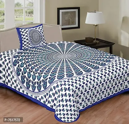 Stunning Blue Cotton Floral Print Single Bedsheet With Pillow Cover-thumb0