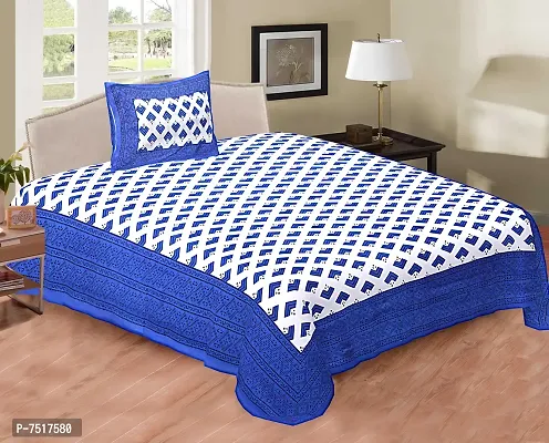 Stunning Blue Cotton Geometric Single Bedsheet With Pillow Cover