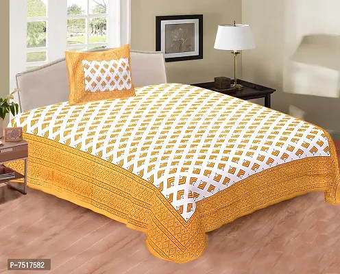 Stunning Yellow Cotton Geometric Single Bedsheet With Pillow Cover