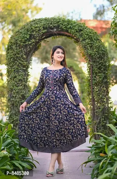 Navy Blue Rayon Printed Ethnic Gowns For Women-thumb0