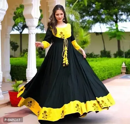 Yellow Rayon Self Design Ethnic Gowns For Women