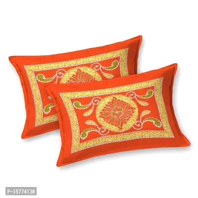 Classic Cotton Traditional Design Rangoli Printed Double Bedheet With 2 Pillow Cove(90 X 100, Orange)-thumb2