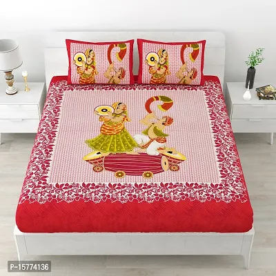 Classic Cotton Dhol Design Cartoon Printed Double Bedheet With 2 Pillow Cove(90 X 100, Red)