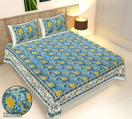 Cotton Fabric Floral Printed Sunflower Design King Size Bedsheet With Two Pillow Covers(Blue)