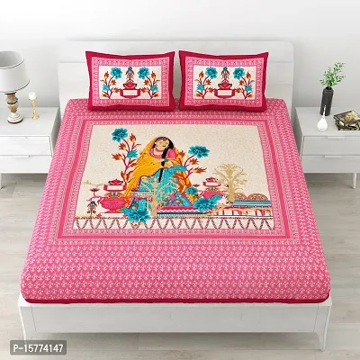 Classic Cotton Maharani Design Cartoon Printed Double Bedheet With 2 Pillow Cove(90 X 100, Pink)