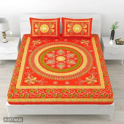 Classic Cotton Uttsav Design Rangoli Printed Double Bedheet With 2 Pillow Cove(90 X 100, Orange)