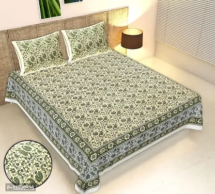 Cotton Fabric Paisley Printed King Size Bedsheet With Two Pillow Covers(Green)