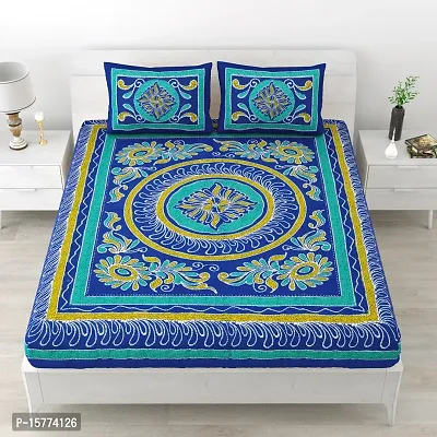 Classic Cotton Traditional Design Rangoli Printed Double Bedheet With 2 Pillow Cove(90 X 100, Blue)