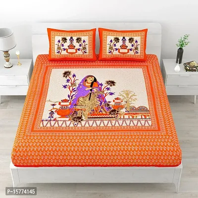 Classic Cotton Maharani Design Cartoon Printed Double Bedheet With 2 Pillow Cove(90 X 100, Orange)
