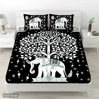 Classic Cotton Animal Design Elephant Printed Double Bedheet With 2 Pillow Cove(90 X 100, Black)-thumb0