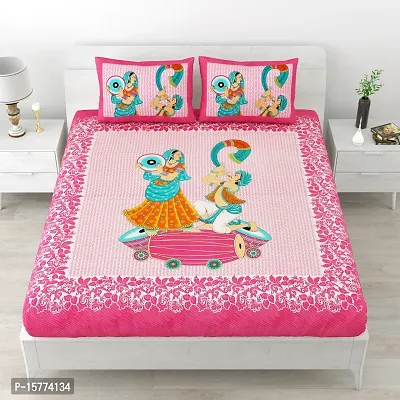 Classic Cotton Dhol Design Cartoon Printed Double Bedheet With 2 Pillow Cove(90 X 100, Pink)