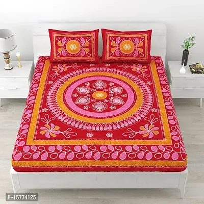 Classic Cotton Uttsav Design Rangoli Printed Double Bedheet With 2 Pillow Cove(90 X 100, Red)