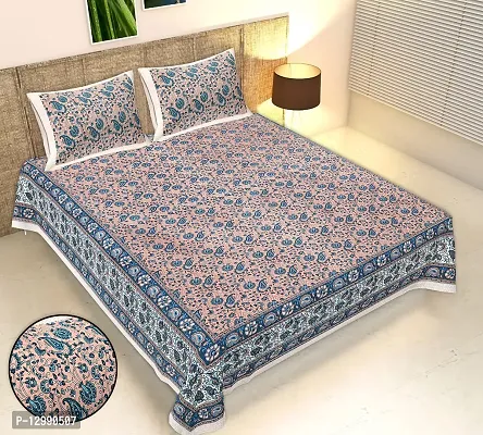Cotton Fabric Paisley Printed King Size Bedsheet With Two Pillow Covers(Blue)