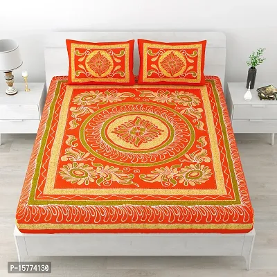 Classic Cotton Traditional Design Rangoli Printed Double Bedheet With 2 Pillow Cove(90 X 100, Orange)