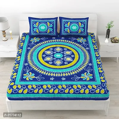 Classic Cotton Uttsav Design Rangoli Printed Double Bedheet With 2 Pillow Cove(90 X 100, Blue)-thumb0