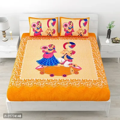 Classic Cotton Dhol Design Cartoon Printed Double Bedheet With 2 Pillow Cove(90 X 100, Yellow)