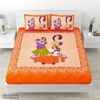 Classic Cotton Dhol Design Cartoon Printed Double Bedheet With 2 Pillow Cove(90 X 100, Orange)