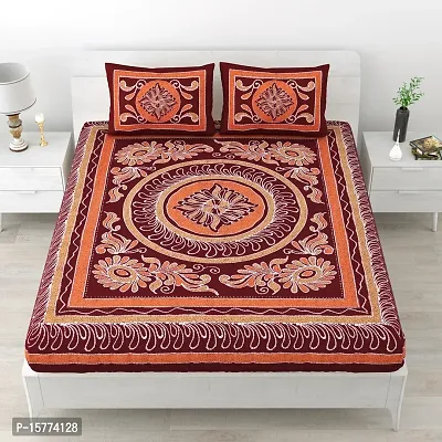 Classic Cotton Traditional Design Rangoli Printed Double Bedheet With 2 Pillow Cove(90 X 100, Brown)