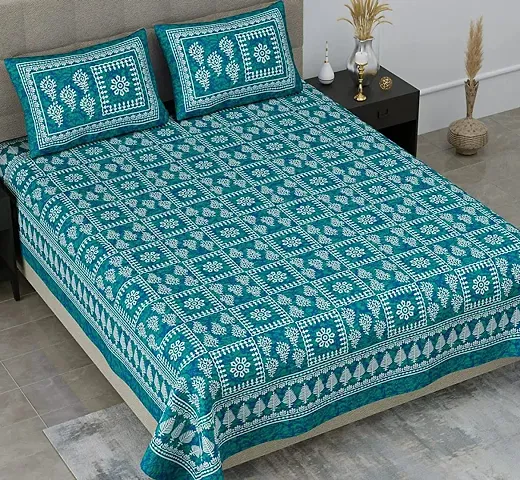 Colorish 144 TC Squares Printed Jaipuri Floral Printed Cotton Bedsheet with Pillow Covers