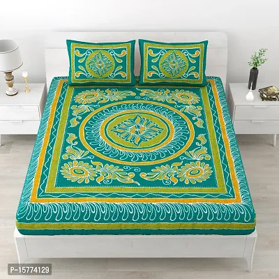 Classic Cotton Traditional Design Rangoli Printed Double Bedheet With 2 Pillow Cove(90 X 100, Green)