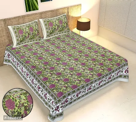 Cotton Fabric Floral Printed Sunflower Design King Size Bedsheet With Two Pillow Covers(Green)-thumb0