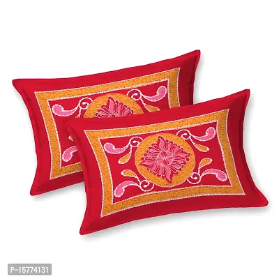 Classic Cotton Traditional Design Rangoli Printed Double Bedheet With 2 Pillow Cove(90 X 100, Red)-thumb2