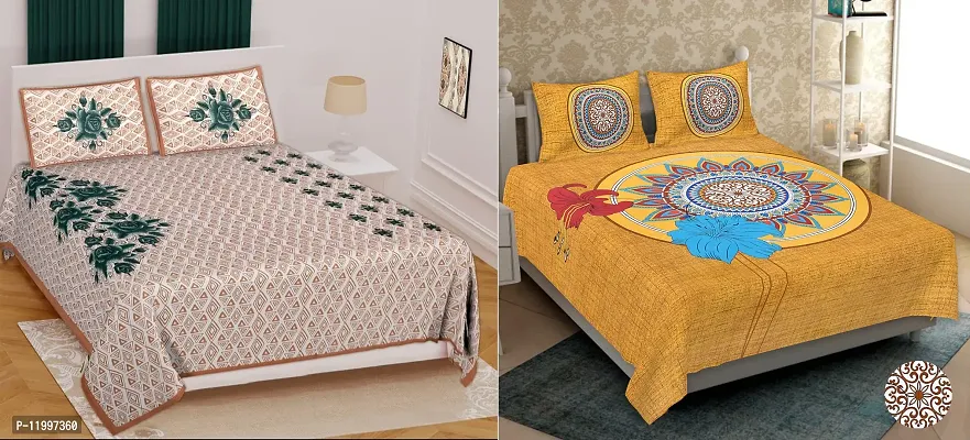 Stylish Cotton Fabric Jaipuri Printed Double Bedsheet Combo With 2 Pillow Covers Pack of 2-thumb0