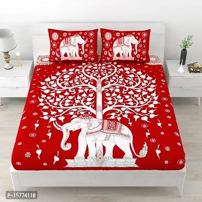 Classic Cotton Animal Design Elephant Printed Double Bedheet With 2 Pillow Cove(90 X 100, Red)