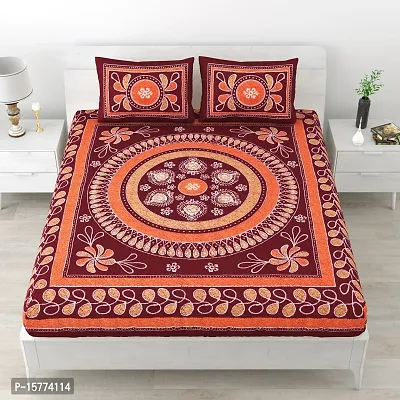 Classic Cotton Uttsav Design Rangoli Printed Double Bedheet With 2 Pillow Cove(90 X 100, Brown)