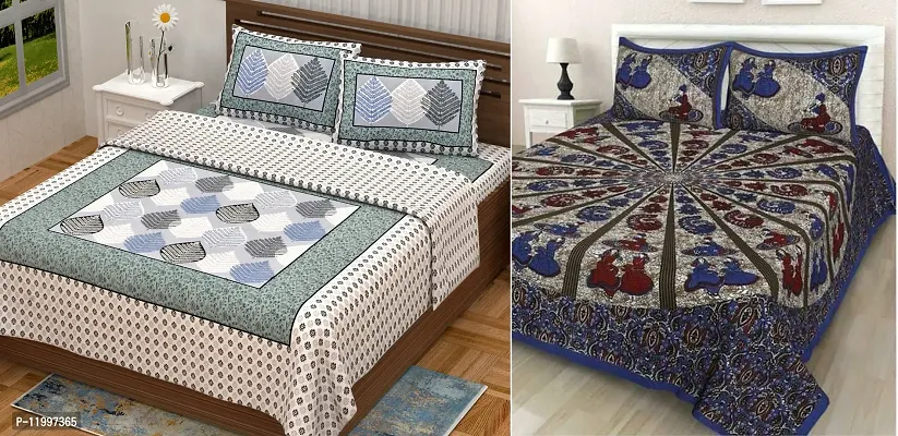 Stylish Cotton Fabric Jaipuri Printed Double Bedsheet Combo With 2 Pillow Covers Pack of 2